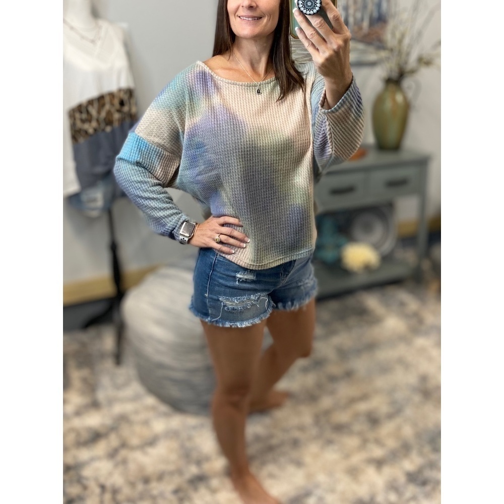 Multi Tie Dye Waffle Thermal Wide Neck Pull Over Long Sleeve Top Blue 4021